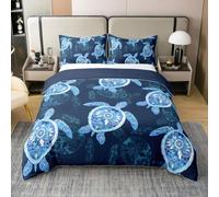 Loussiesd Sea Turtle Bedding Set Double Ocean Comforter Cover Set for Boys Girls Teens Reptile Tortoise 100% Cotton Duvet Cover Animal Bedspread Cover Room Decor Royal Blue Quilt Cover No Comforter