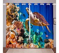 Loussiesd Sea Turtle Curtains Underwater Rock Fish Window Treatmentsative Kids Window Curtains for Bedroom Living Room Boys Girls Teens Colorful Window Drapes,W46*L72