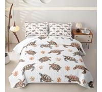 Loussiesd Sea Turtle2 Piece Quilted Bedspread Single Size Ocean Bedding Set Microfiber Lightweight Coastal Bedspread Coverlet with 1 Pillowcase Nautical Beach Bed Covers for All Season Sealife