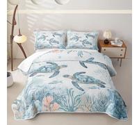 Loussiesd Sea Turtle3 Piece Quilted Bedspread King Ocean Bedding Set Microfiber Lightweight Coastal Bedspread Coverlet with 2 Pillowcases Nautical Beach Bed Covers for All Season Sealife