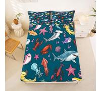 Loussiesd Sea Underwater World Fitted Sheet with 1 Pillowcase Single Size Shark Cute Axolotl Bed Sheets Set 16" Deep Pocket Boys Girls Whale Bedding Teens Decor Breathable Soft Lightweight Microfiber