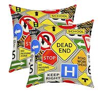 Loussiesd Set of 2 Car Throw Pillow Covers Cartoon Road Sign Cushion Case for Home Living Room Decor Reversible Vehicle Theme Colorful Signpost Decorative Throw Cushion Case 16x16 Inch