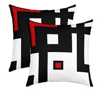 Loussiesd Set of 2 Strip Lines Throw Pillow Covers Geometric Square Red White Black Cushion Case for Home Living Room Decor Reversible Abstract Art Decorative Throw Cushion Case 16x16 Inch