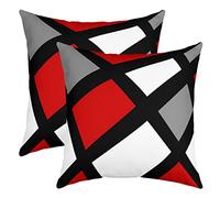 Loussiesd Set of 2 Throw Pillow Covers Geometric Strip Lines Cushion Case for Home Living Room Decor Reversible Modern Abstract Art Plaid Black White Grey Red Decorative Throw Cushion Case 18x18 Inch