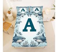 Loussiesd Shark Fitted Sheet Single Size for Kids Boys Girls Initial A Bed Sheets Set 16" Deep Pocket Soft Breathable Microfiber Sea Animal Bedding with 1 Pillowcase Room Decor