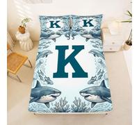 Loussiesd Shark Fitted Sheet Single Size for Kids Boys Girls Initial K Bed Sheets Set 16" Deep Pocket Soft Breathable Microfiber Sea Animal Bedding with 1 Pillowcase Room Decor