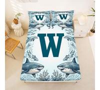 Loussiesd Shark Fitted Sheet Single Size for Kids Boys Girls Initial W Bed Sheets Set 16" Deep Pocket Soft Breathable Microfiber Sea Animal Bedding with 1 Pillowcase Room Decor