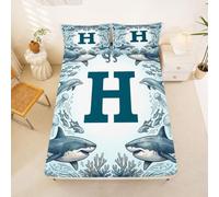 Loussiesd Shark Fitted Sheet with 1 Pillowcase Single Size Initial H Bed Sheets Set 16" Deep Pocket Boys Girls Sea Animal Bedding Teens Bedroom Decor Breathable Soft Lightweight Microfiber