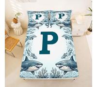 Loussiesd Shark Fitted Sheet with 1 Pillowcase Single Size Initial P Bed Sheets Set 16" Deep Pocket Boys Girls Sea Animal Bedding Teens Bedroom Decor Breathable Soft Lightweight Microfiber