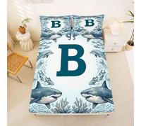 Loussiesd Shark Fitted Sheet with 2 Pillowcases Double Size Initial B Bed Sheets Set 16" Deep Pocket Boys Girls Sea Animal Bedding Teens Bedroom Decor Breathable Soft Lightweight Microfiber