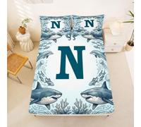 Loussiesd Shark Fitted Sheet with 2 Pillowcases Double Size Initial N Bed Sheets Set 16" Deep Pocket Boys Girls Sea Animal Bedding Teens Bedroom Decor Breathable Soft Lightweight Microfiber