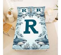 Loussiesd Shark Fitted Sheet with 2 Pillowcases Double Size Initial R Bed Sheets Set 16" Deep Pocket Boys Girls Sea Animal Bedding Teens Bedroom Decor Breathable Soft Lightweight Microfiber