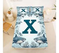 Loussiesd Shark Fitted Sheet with 2 Pillowcases Double Size Initial X Bed Sheets Set 16" Deep Pocket Boys Girls Sea Animal Bedding Teens Bedroom Decor Breathable Soft Lightweight Microfiber