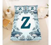 Loussiesd Shark Fitted Sheet with 2 Pillowcases King Size Initial Z Bed Sheets Set 16" Deep Pocket Boys Girls Sea Animal Bedding Teens Bedroom Decor Breathable Soft Lightweight Microfiber