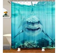 Loussiesd Shark Shower Curtain for Stalls Bathtubs 3D Shark Fish Bathroom Shower Curtain Set Ocean Marine Theme Bath Curtain Wild Animal in The Sea Waterproof Bathroom Curtains 180x210cm