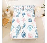 Loussiesd Shell Fitted Sheet with 2 Pillowcases King Size Coral Bed Sheets Set 16" Deep Pocket Boys Girls Life Bedding Ocean Teens Bedroom Decor Breathable Soft Lightweight Microfiber