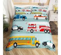 Loussiesd Single Cartoon Bedding Set Car Police Car Comforter Cover Set Children'S Room Decoration Fire Truck Duvet Cover Emergency Response Vehicle Red Yellow