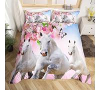 Loussiesd Single Girl Horse Bedding Set Children Pink Flowers White Pegasus Duvet Cover Cherry Blossom Butterfly Comforter Cover Set 3D Wildlife Bedroom Decoration