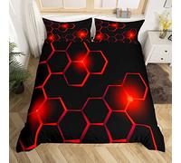 Loussiesd Single Kids Honeycomb Bedding Set Ice Sports Games Duvet Cover for Boys Children Teens Bedroom Decor Geometrical Comforter Cover Set Beehive Geometric Black Red Bedspread with 1 Pillow Case