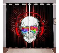Loussiesd Skull Curtain for Boys Bedroom Decor Black Red Skeleton Curtains Skull Window Treatments Teens Skull Print Living Room Home Drapes Kids Music Headphones Notes Curtains with Grommet W46*L54