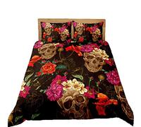 Loussiesd Skull Duvet Cover Set King Size Gothic Rose Floral Skull Print Bedding Set Scary Skeleton Bones Comforter Cover Microfiber Bedspread Cover with 2 Pillow Shams Zipper Soft Personalized