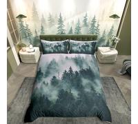 Loussiesd Smoky Mountain Duvet Cover Set Forest Trees Plants Bedding Set Natural Scenery Comforter Cover for Men Adults Landscape Painting Quilt Cover Woodland Decor Bedroom Collection 3Pcs King Size