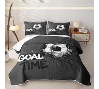 Loussiesd Soccer3 Piece Quilted Bedspread King Football Sports Bedding Set Microfiber Lightweight Soccer Ball Game Bedspread Coverlet with 2 Pillowcases Goal Time Bed Covers for All Season