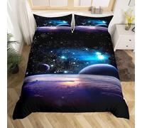 Loussiesd Space Duvet Cover Junior/Cot Bed for Girls Boys Luminous Planet Print Bedding Set Galaxy Starlight Chic Comforter Cover with 1 Pillow Shams Stars Bedding Microfiber Bedspread Zipper 2 Pcs