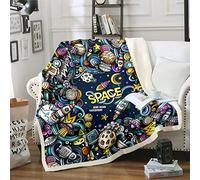 Loussiesd Space Rocket Graffiti Sherpa Fleece Throw Blanket - Double, 60"x79" Fuzzy Blanket with Outer Space Themed Planet Pattern