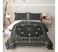 Loussiesd Spider Web 2 Piece Quilted Bedspread Single Size Happy Halloween Microfiber Black Jacquard Damask Bedspread Coverlet with 1 Pillowcase Geometric Abstract Bed Covers for All Season
