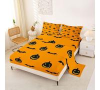 Loussiesd Spooky Pumpkin Bed Sheets Set Single Size Halloween Themed Deep Pocket Fitted Sheet Bat Bedding Sets Graveyard Soft Bed Set 3Pcs with 1 Pillow Cases Orange Black