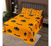 Loussiesd Spooky Pumpkin Bedspread Quilts Halloween Themed Coverlet Set Single Size for Kids Boys Girls Bat Bedspread Coverlet for All Season With 1 Pillowcase Graveyard Microfiber Orange Black