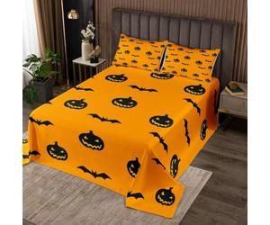 Loussiesd Spooky Pumpkin Bedspread Quilts Halloween Themed Coverlet Set Single Size for Kids Boys Girls Bat Bedspread Coverlet for All Season With 1 Pillowcase Graveyard Microfiber Orange Black