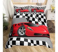 Loussiesd Sports Car Bedding Set Red Racing Car Comforter Cover for Kids Boys Girls Teens Extreme Sports Duvet Cover Race Black and White Grid Double Size