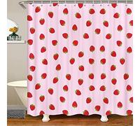 Loussiesd Strawberry Bathroom Shower Curtain Set Girls Pink Cute Fruit Shower Curtain Kids Teens Strawberries Stripes Bath Curtain Polyester Stalls Waterproof Curtain Bathtubs 180x240cm