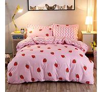 Loussiesd Strawberry Bedding Set Double Duvet Cover for Kids Girls Geometry Reversible Cute Comforter Cover with 2 Pillowcases Tropical Fruit Bed Cover 3 Pieces Microfiber Kawaii Pink Red Zipper