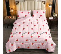 Loussiesd Strawberry Bedding Set Girls Kawaii Strawberry Duvet Insert for Kids Teens Pink Stripe Duvet Insert Breathable Cute Fruit Bedding Double Size