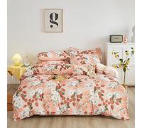 Loussiesd Strawberry Bedding Set King Girls Duvet Cover Pink Strawberries Floral Comforter Cover Set Women Teens Breathable Cute Flowers Fruit Grid Plaid Bedding Duvet Cover Set with 2 Pillow Case
