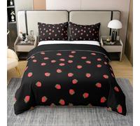 Loussiesd Strawberry Duvet Cover 100% Cotton Kawaii Strawberry Bedding Set for Kids Boys Girls Black Cute Cartoon Fruit Comforter Cover Black Red Bedspread Cover Single No Comforter