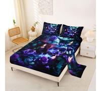 Loussiesd Sugar Skull Bed Sheets Set Double Size Halloween Themed Bed Set Rose Floral Flower Deep Pocket Fitted Sheet Butterfly Breathable Soft Lightweight Microfiber candles