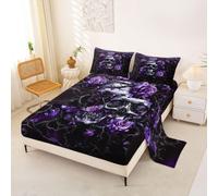 Loussiesd Sugar Skull Bed Sheets Set Single Size Halloween Themed Bed Set Rose Floral Flower Deep Pocket Fitted Sheet Goth Breathable Soft Lightweight Microfiber Cemetery