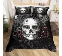 Loussiesd Sugar Skull Bedding Set Double Gothic Skull Duvet Cover for Kids Halloween Themed Breathable Skeleton Design Duvet Set Butterfly Floral Print Room Decor Double Size Zipper