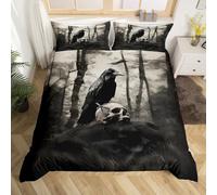 Loussiesd Sugar Skull Bedding Set Single Size Happy Halloween Comforter Cover for Boys Room Decor Horror Theme Duvet Cover Women Men Raven Animal Print Bedspread Cover, No Comforter