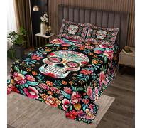 Loussiesd Sugar Skull Bedspread 2 Pieces Single Size Halloween Themed Coverlet Set Soft Cozy Easter Lightweight Bedspread Coverlet for All Season With 1 Pillowcase Vintage Floral Spring Bones