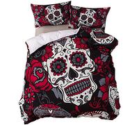 Loussiesd Sugar Skull Comforter Cover Single Size Gothic Bedding Set Floral Printed Flowers Horror Skulls Decorative 2 Pieces Red Black Duvet Cover Set Unique Bedspread Cover with 1 Pillowcase Zipper