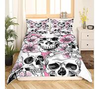 Loussiesd Sugar Skull Duvet Cover Girly Skull Pattern Bedding Set Pink Floral Flowers Comforter Cover for Girls Women Bedroom Decor Skeleton Design Bedspread Cover Double Size With 2 Pillow Case