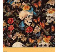 Loussiesd Sugar Skull Fabric by The Yard Botanical Flowers Print Upholstery Fabric Butterfly Gothic Skeleton Halloween Themed DIY Decorative Waterproof Outdoor Fabric 1 Yard (L92*W150cm)