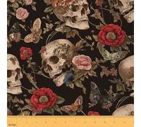 Loussiesd Sugar Skull Rose Decorative Waterproof Outdoor Fabric Death Moth Fabric by The Yard Gothic Skull Floral Flower Upholstery Fabric for Chair 1 Yard (L92*W150cm)
