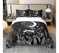 Loussiesd Sun Moon 100% Cotton Duvet Cover King Size 1 Panel Boho Exotic Galaxy Bedding Cotton Duvet Cover Set Bohemian Botanical Flower Blossom Black Purple Bedding Set