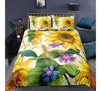 Loussiesd Sunflower Comforter Cover,Gorgeous Colourful Floral & Green Tree Leaves Branches Botanical Decorative 3 Pieces Bedding Set Super King(1 Duvet cover Set & 2 Pillow cases).